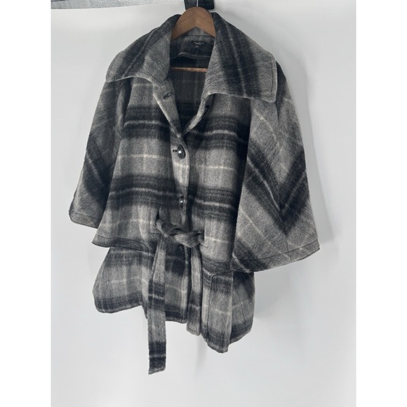 NWOT Talbots  L/XL Grey plaid wool blend Poncho Winter Overcoat Belted Buttons - Picture 5 of 10